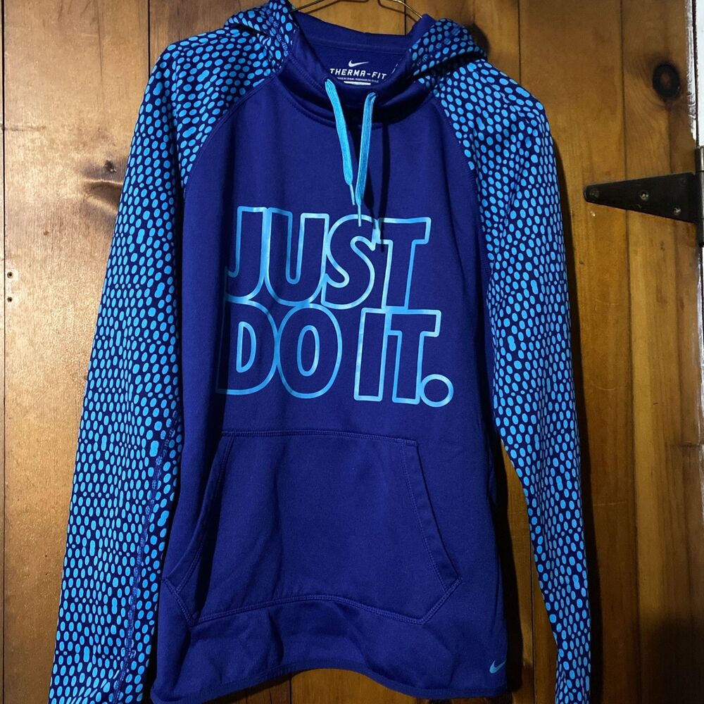 Nike Sweatshirt Women Medium Blue Therma Fit Hoodie Just Do It Logo Graphic
